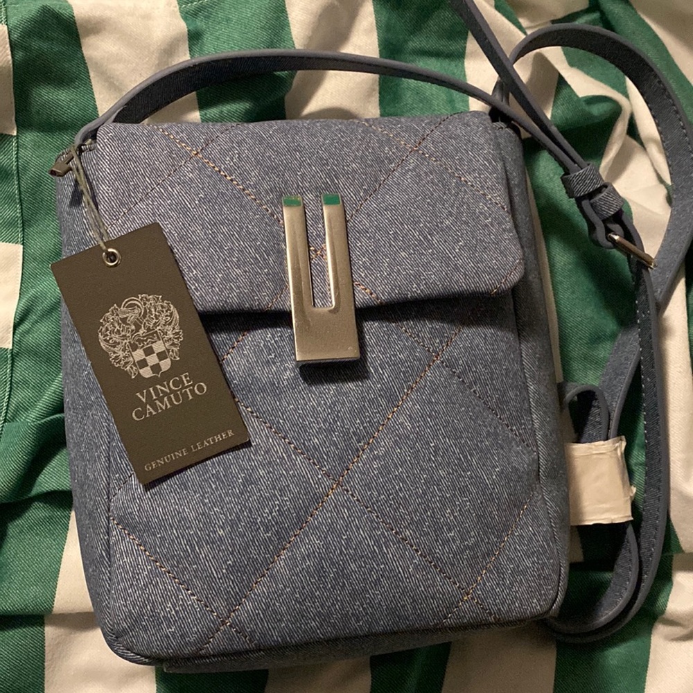 Leather purse with denim print